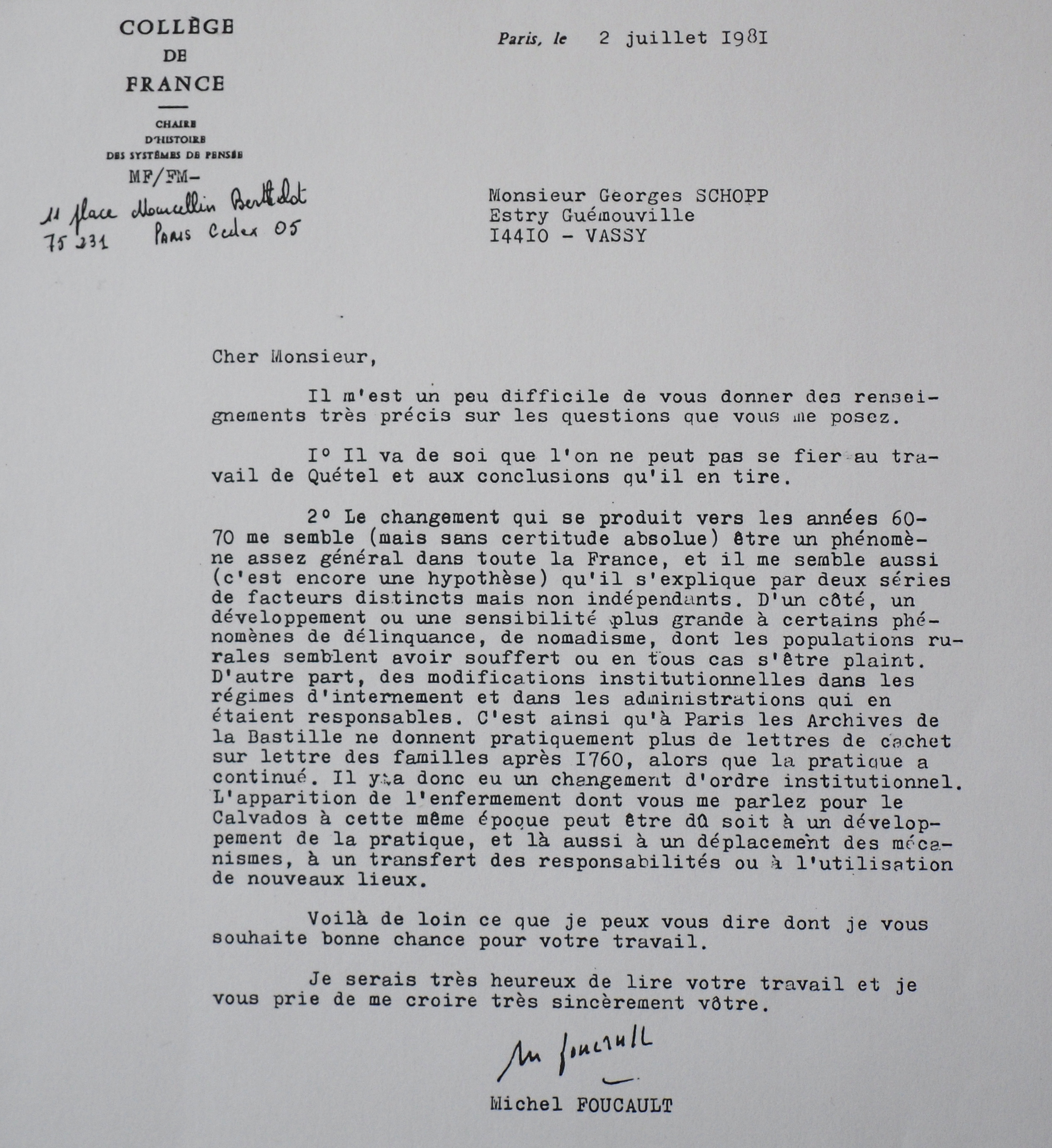 Grand Renfermement Foucault lettre 1